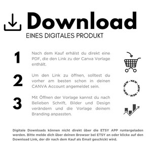K&ouml;nnte beinhalten: Schwarz-wei&szlig;-Illustration eines Download-Symbols, eines Einkaufswagens, eines Kreises mit dem Wort "NEU" wiederholt darum herum und eines Balkendiagramms mit einem Pfeil nach oben. Der Text "Download eines digitales Produkt" befindet sich oben im Bild. Der Text unter der Illustration erkl&auml;rt, wie man ein auf Etsy gekauftes digitales Produkt herunterl&auml;dt.