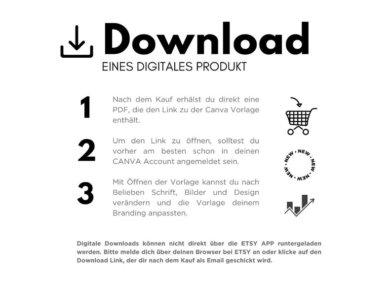 K&ouml;nnte beinhalten: Schwarz-wei&szlig;-Illustration eines Download-Symbols, eines Einkaufswagens, eines Kreises mit dem Wort "NEU" wiederholt darum herum und eines Balkendiagramms mit einem Pfeil nach oben. Der Text "Download eines digitales Produkt" befindet sich oben im Bild. Der Text unter der Illustration erkl&auml;rt, wie man ein auf Etsy gekauftes digitales Produkt herunterl&auml;dt.
