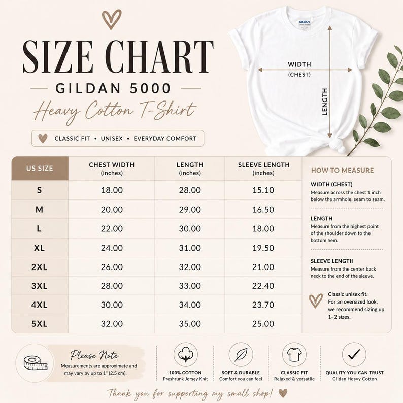 May include: A Gildan 5000 heavy cotton t-shirt size chart displaying measurements in inches for sizes S through 5XL. The chart includes columns for chest width, length, and sleeve length, along with a diagram showing how to measure the garment.