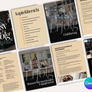 K&ouml;nnte beinhalten: Ein Leitfaden f&uuml;r Etsy-Erfolg mit einem beige-braunen Farbschema. Das Cover zeigt den Text "Etsy Erfolg" in Schwarzwei&szlig;. Der Leitfaden umfasst Kapitel &uuml;ber Banneroptimierung, Shop-Einrichtung, Kundenservice und mehr.