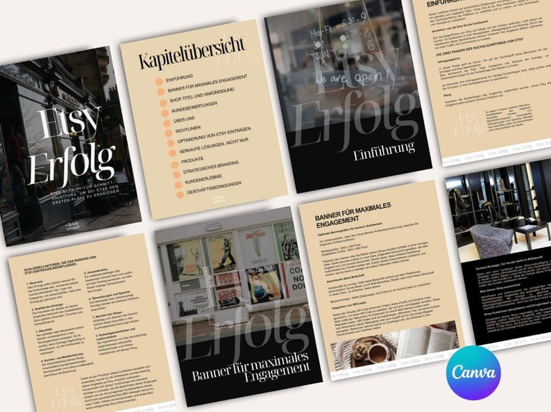 K&ouml;nnte beinhalten: Ein Leitfaden f&uuml;r Etsy-Erfolg mit einem beige-braunen Farbschema. Das Cover zeigt den Text "Etsy Erfolg" in Schwarzwei&szlig;. Der Leitfaden umfasst Kapitel &uuml;ber Banneroptimierung, Shop-Einrichtung, Kundenservice und mehr.
