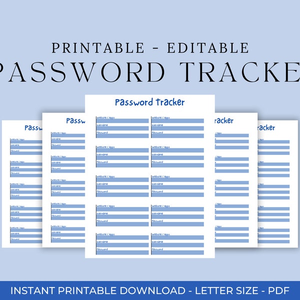 Editable Password Tracker Printable, Fillable Password Book, Password Keeper, Password Log, Password Organizer, Password Template, PDF, PNG