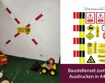 May include: A construction-themed playset with a yellow and black front-end loader toy, red and white striped barriers, and various construction signs. The image includes the text "BERÜHREN DER BAUSTELLE VERBOTEN".