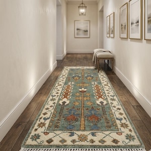 Handknotted Oushak Runner Rug: Teal Blue, Rust Wool 3x10 ft Turkish Bohemian Hallway Carpet