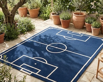Navy Blue Soccer Field Hand-Tufted Wool Rug – Sports Decor Carpet
