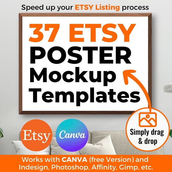 Canva Poster Mockups für ETSY - 37 Poster-Templates für Fotos, Zeichnungen, Poster und Plakate im Bilderrahmen für schnelle ETSY Listings