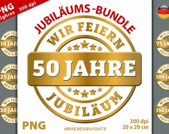 May include: A gold and white round badge with the text "Jubiläums-Bundle" and "Wir Feiern" in red. The center of the badge has a gold banner with the text "50 Jahre" in white. The badge is surrounded by a ring of gold stars. The text "Jubiläum" is written in a gold circle around the banner. The badge is on a white background.