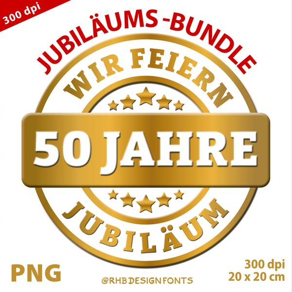 Wir feiern 50 Jahre Jubiläum Bundle mit goldenen PNG-Stickern, Stempel, Aufkleber / digitales Produkt