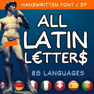 May include: A white handwritten font with the text "ALL LATIN L€TTER$" and "85 LANGUAGES". The font is displayed against a blue background with a statue of a man in the background. There are flags of different countries at the bottom of the image.