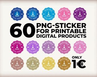 May include: Sixty digital product stickers in various colors, including blue, purple, pink, and gold. Each sticker features a download arrow icon and the text "Printable Digital Product".