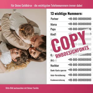 May include: A pink and white card with a family photo and a list of important phone numbers. The card is titled "13 Important Numbers" and includes numbers for a partner, mother, father, child, work, neighbor, bank, car insurance, and health insurance. The card is in German and says "Deutsche Version" (German Version).
