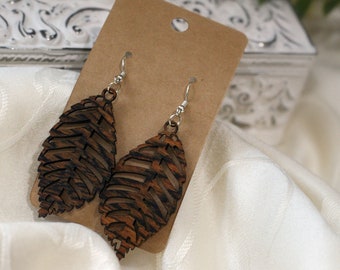 Exotic Wood Earrings - Wenge - Palm Leaves - Silver tone, Dangle, Pierced, Gift, Natural, Trendy, Boho, Casual, Textured, Lightweight