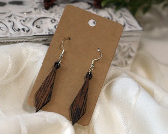 Exotic Wood Earrings - Wenge - Elongated Diamond - Silver Tone, Dangle, Pierced, Gift, Trendy, Casual, Unique, Natural, Boho