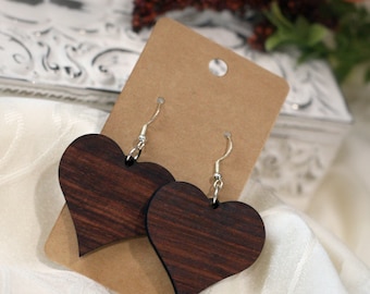 Exotic Wood Earrings - Kiaat - Heart Solid Large - Silver Tone, Dangle, Pierced, Gift, Natural, Casual, Trendy, Lightweight, Unique, Boho