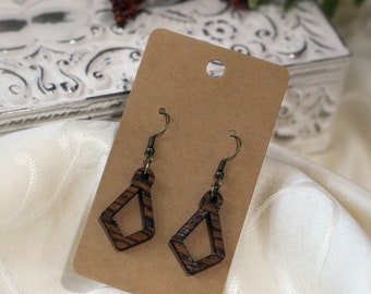 Exotic Wood Earrings - Wenge - Diamond Open Small - Bronze Tone, Dangle, Pierced, Gift, Trendy, Timeless, Lightweight, Casual, Natural