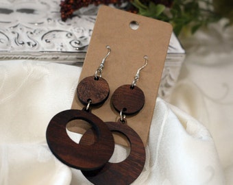 Exotic Wood Earrings - Kiaat - Circle small and Circle Open - Silver Tone, Dangle, Pierced, Gift, Lightweight, Casual, Trendy, Natural, Boho