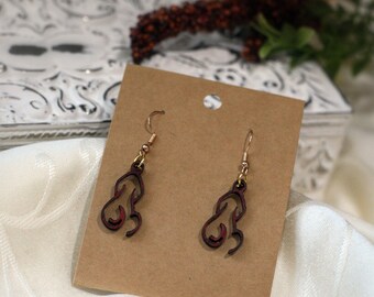 Exotic Wood Earrings - Padauk - Puppy Sitting - Goldtone, Dangle, Pierced, Gift, Animal, Dog, Lightweight, Casual, Trendy, Unique, Natural