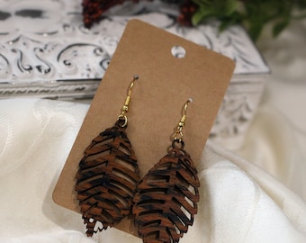 Exotic Wood Earrings - Wenge - Palm Leaves - Goldtone, Dangle, Pierced, Gift, Natural, Trendy, Casual, Lightweight, Unique, Textured