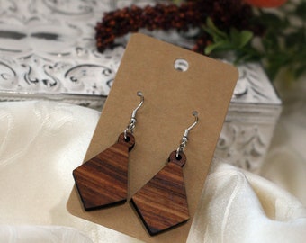 Exotic Wood Earrings - Kiaat - Diamond Solid Large - Silver Tone, Dangle, Pierced, Gift, Trendy, Casual, Natural, Texture, Trendy, Unique