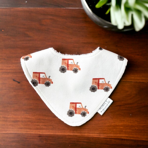 Baby bib/Tractor bib/Adjustable three snap baby bib/White bib/Toddler bib/Three snap bib/Cotton baby bib/Bamboo terrycloth