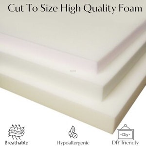 May include: Three pieces of white foam stacked on top of each other. The foam is cut to size and is of high quality. The foam is breathable, hypoallergenic, and DIY friendly.