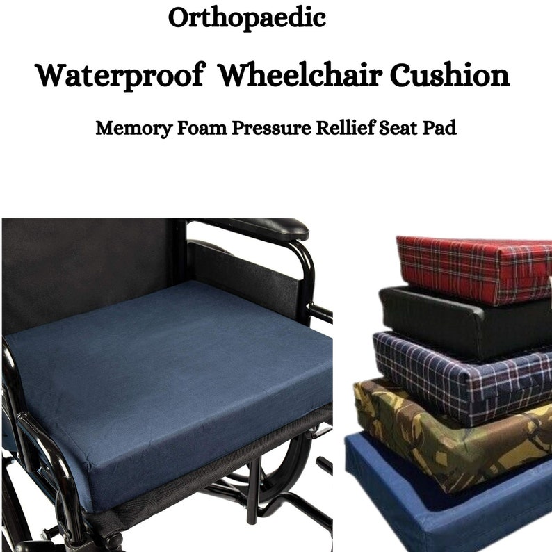May include: A blue waterproof wheelchair cushion with memory foam for pressure relief. The cushion is shown on a wheelchair and stacked on top of other cushions in different patterns.