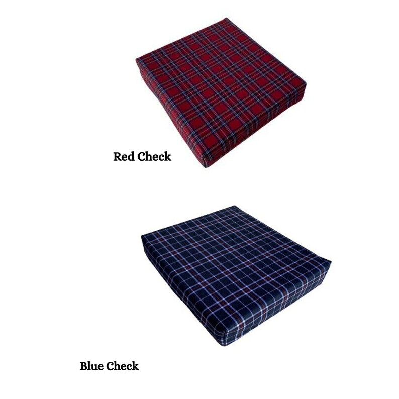 May include: Two square seat cushions, one red and one blue, with a plaid pattern. The cushions are made of fabric and have a soft, comfortable feel.