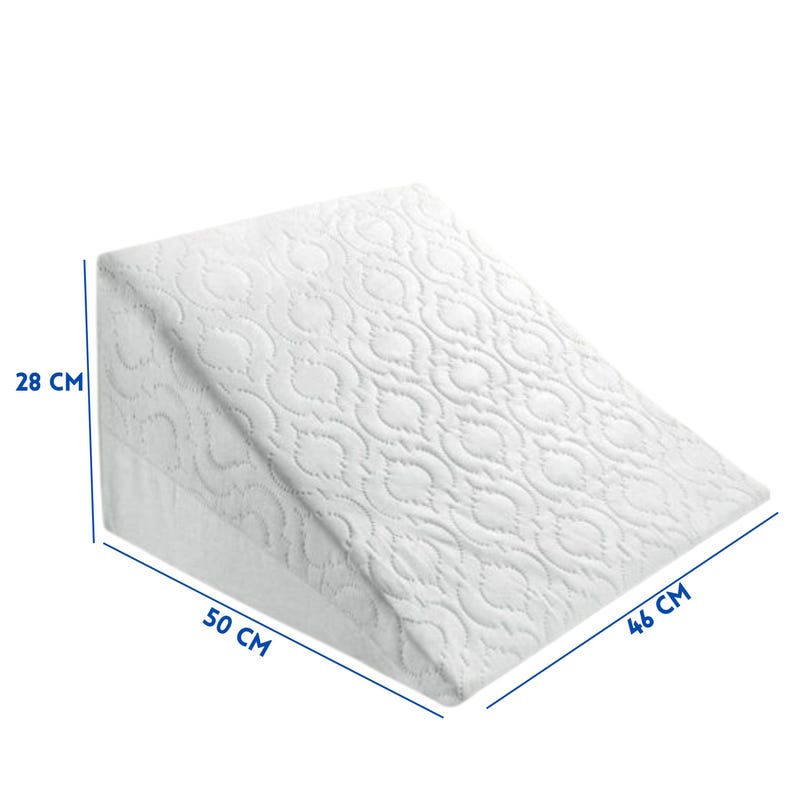 May include: White wedge pillow with a quilted pattern, measuring 28 inches by 50 inches by 46 inches.