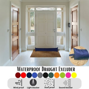 May include: A blue waterproof draught excluder for doors. The excluder is shown in front of a door in a hallway. The excluder is designed to block wind, light, dust, and sound. The excluder is available in a variety of colours.