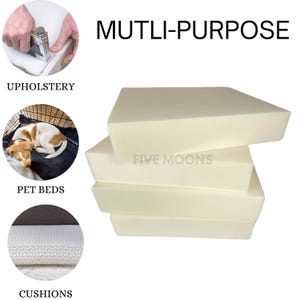 May include: Four white foam blocks stacked on top of each other. The foam blocks are rectangular and have a slight bevel on the top edge. The text "MULTI-PURPOSE" is written in black letters at the top of the image. The image also shows three smaller images of the foam blocks being used for upholstery, pet beds, and cushions.