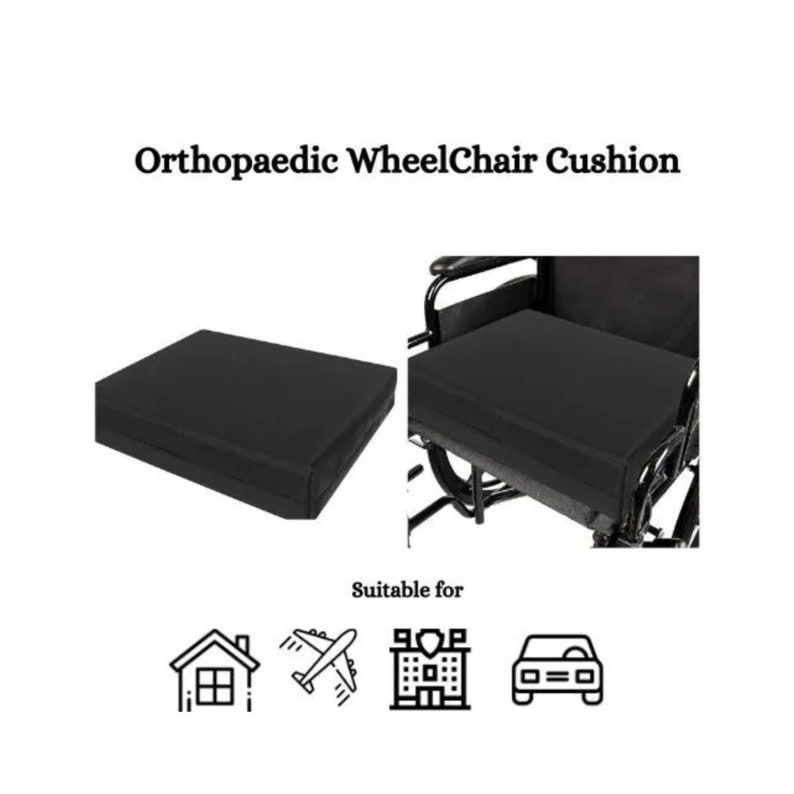 May include: Black orthopedic wheelchair cushion. Suitable for use in homes, hospitals, and vehicles.
