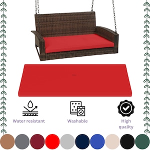 May include: Red swing cushion for outdoor furniture. The cushion is water resistant and washable. It is made of high quality materials.
