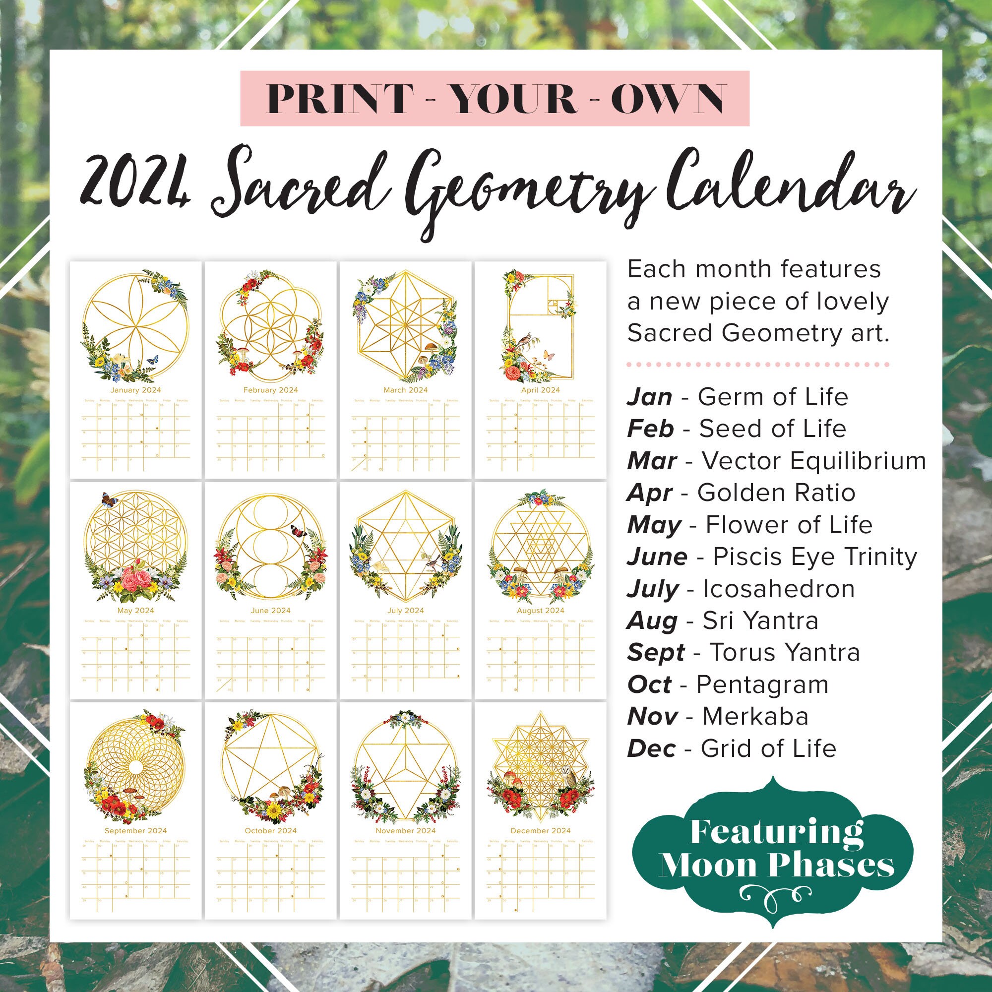2024 Sacred Geometry Calendar Print Your Own Calendar Botanical Design