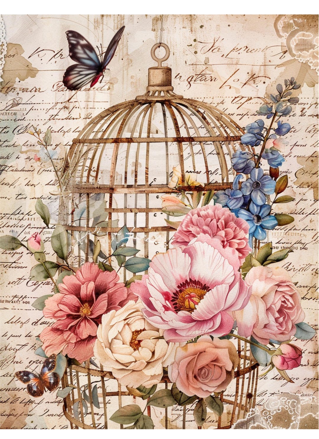 Vintage Birdcage and Garden Blooms – Romantic Floral Decoupage Paper ...