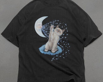 Süße Katze und Sterne T-Shirt, Comfort Colors Premium Cotton Shirts, Katzengrafik-T-Shirt, süße Shirts, süßes Grafik-T-Shirt, Geschenke für Katzenliebhaber