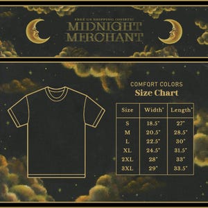 May include: A size chart for Comfort Colors t-shirts featuring a gold outline of a shirt and a table listing sizes S through 3XL with corresponding width and length measurements in inches, set against a dark background with gold moon and cloud graphics.