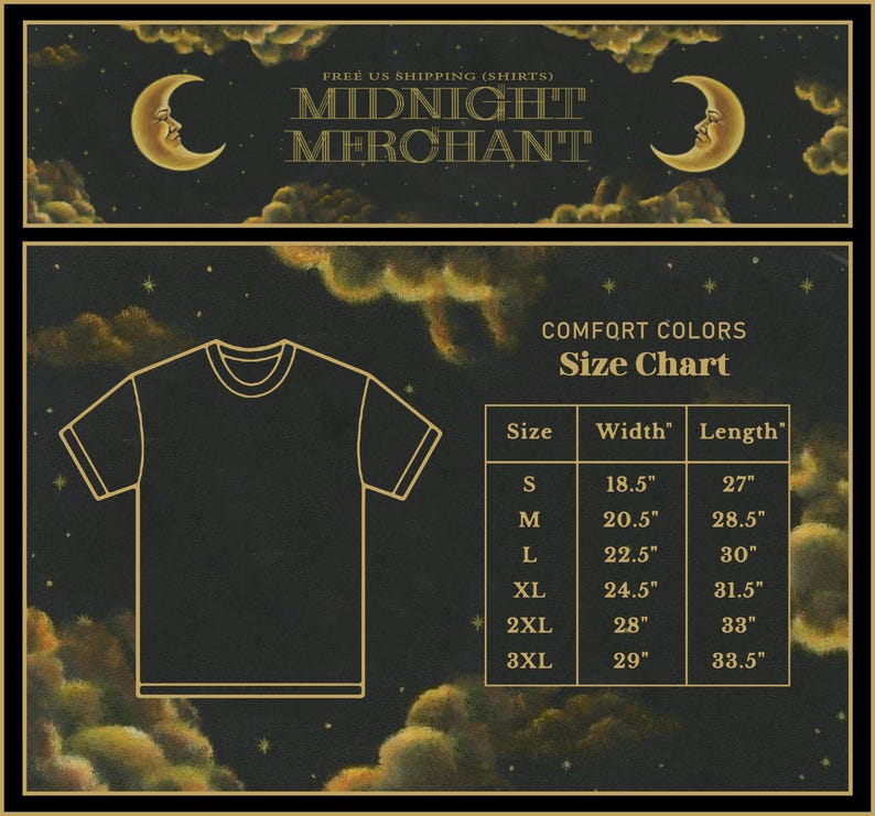 Op de afbeelding: Zwarte t-shirt maattabel met afmetingen in inches. De tabel bevat maten S tot en met 3XL, met bijbehorende breedtes en lengtes. De afbeelding bevat ook de tekst "MIDNIGHT MERCHANT" en een maansikkel ontwerp.