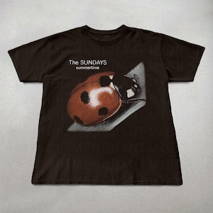 Pode incluir: Camiseta castanho-escura com um gr&aacute;fico detalhado de uma joaninha em uma folha. O texto "The SUNDAYS summertime" est&aacute; impresso acima da joaninha. A joaninha &eacute; vermelha com manchas pretas.