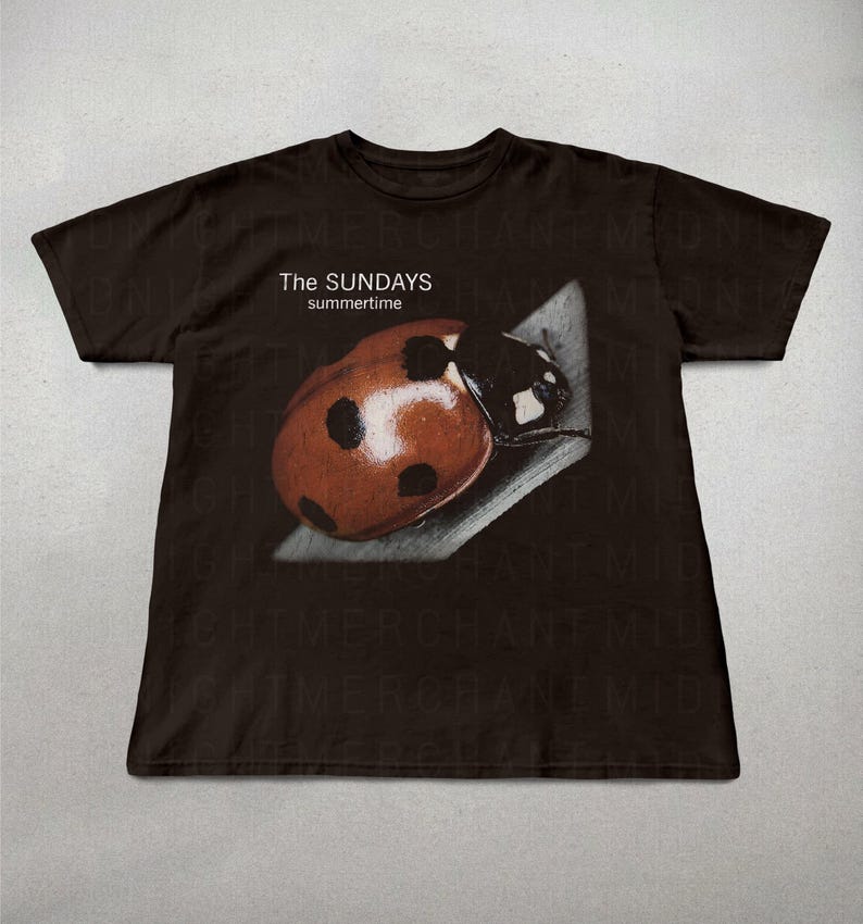 Pode incluir: Camiseta castanho-escura com um gr&aacute;fico detalhado de uma joaninha em uma folha. O texto "The SUNDAYS summertime" est&aacute; impresso acima da joaninha. A joaninha &eacute; vermelha com manchas pretas.