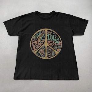 May include: Black t-shirt with a peace sign graphic featuring the words "Peace" and "Love" in a vintage style.