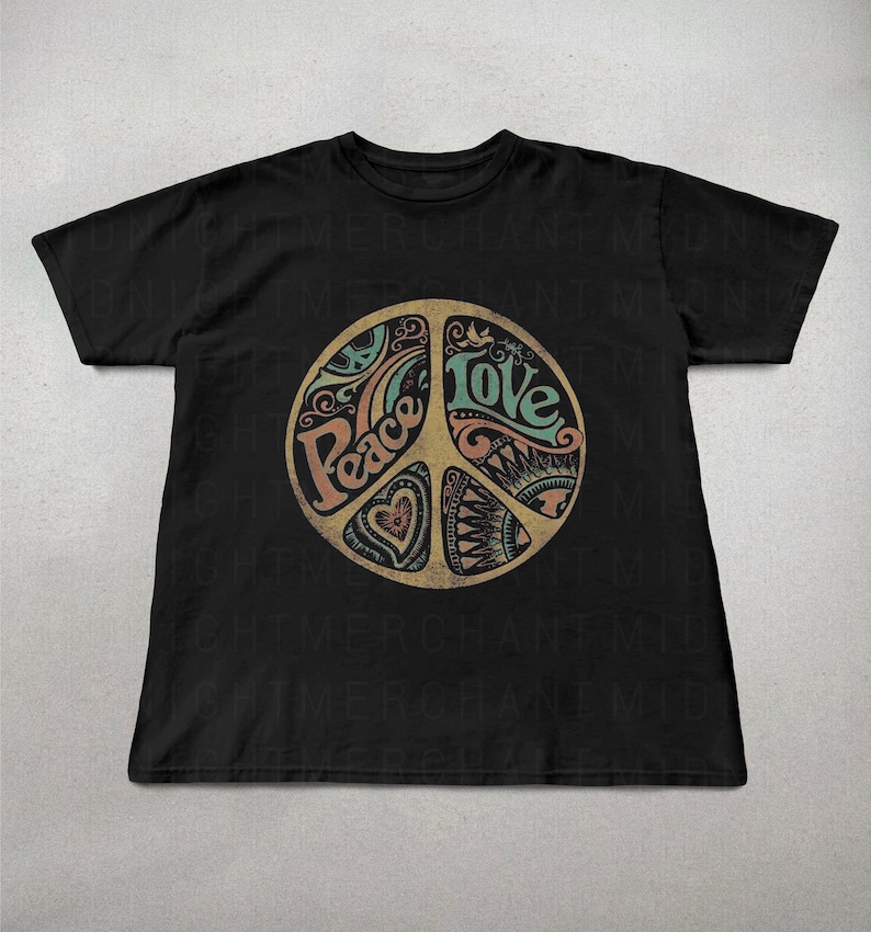 May include: Black t-shirt with a peace sign graphic featuring the words "Peace" and "Love" in a vintage style.