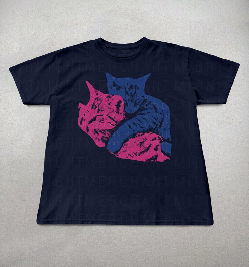 Pu&ograve; includere: T-shirt blu navy con una grafica di due gatti, uno rosa e uno blu, che si abbracciano. Il design &egrave; un'illustrazione stilizzata. La maglietta ha un girocollo e maniche corte.