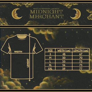 May include: Black t-shirt mockup with size chart. The chart shows width and length measurements in centimetres for sizes S to XXL. The image includes the text "MIDNIGHT MERCHANT" and crescent moon graphics.