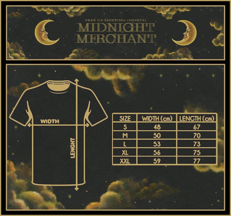 May include: Black t-shirt mockup with size chart. The chart shows width and length measurements in centimetres for sizes S to XXL. The image includes the text "MIDNIGHT MERCHANT" and crescent moon graphics.