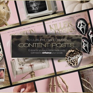 Op de afbeelding: Een digitale collectie van 10 luxe Halloween social media berichten met horror-thema's zoals maskers, skeletten en bloedspatten, inclusief de tekst 10 LUXURY HALLOWEEN CONTENT POSTS en een Canva-merklogo.