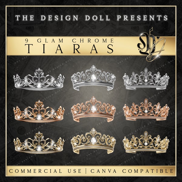 Gold Diamond Tiara, Tiara Clip Art, Crown Clip Art, Silver Chrome Tiara, Digital Download, Commercial Use