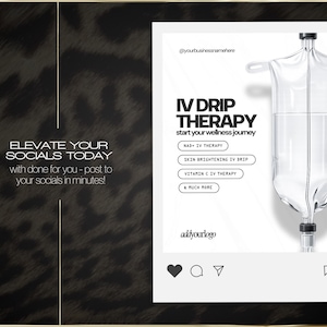 K&ouml;nnte beinhalten: Ein Social-Media-Post-Design mit einem transparenten IV-Tropfbeutel, der eine IV-Tropftherapie bewirbt. Der Text enth&auml;lt "IV DRIP THERAPY" und "start your wellness journey". Weitere Texte erw&auml;hnen NAD+ IV-Therapie, Skin Brightening IV Drip usw.