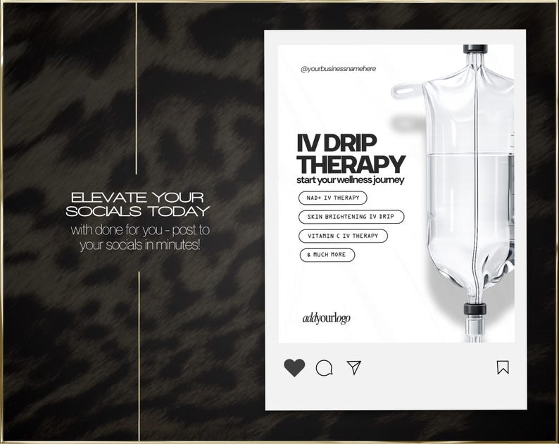 K&ouml;nnte beinhalten: Ein Social-Media-Post-Design mit einem transparenten IV-Tropfbeutel, der eine IV-Tropftherapie bewirbt. Der Text enth&auml;lt "IV DRIP THERAPY" und "start your wellness journey". Weitere Texte erw&auml;hnen NAD+ IV-Therapie, Skin Brightening IV Drip usw.