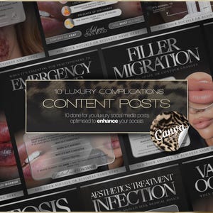 May include: A collection of ten black and gold social media content templates for aesthetic practitioners. The designs feature medical information about filler complications, including text like 10 LUXURY COMPLICATIONS CONTENT POSTS.