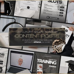 May include: A digital collection of 20 luxury salon academy social media content posts featuring templates for training dates, certificates of completion, and course information, all displayed in a cohesive black, white, and gold aesthetic.